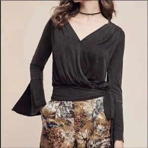 Anthropologie Deletta Sirpo Wrap Top Bell Sleeves Charcoal Black XS Womens Fashi